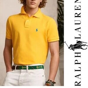 Polo Ralph Lauren Mens Custom Slim Fit Yellow‎ Polo Shirt Green Logo